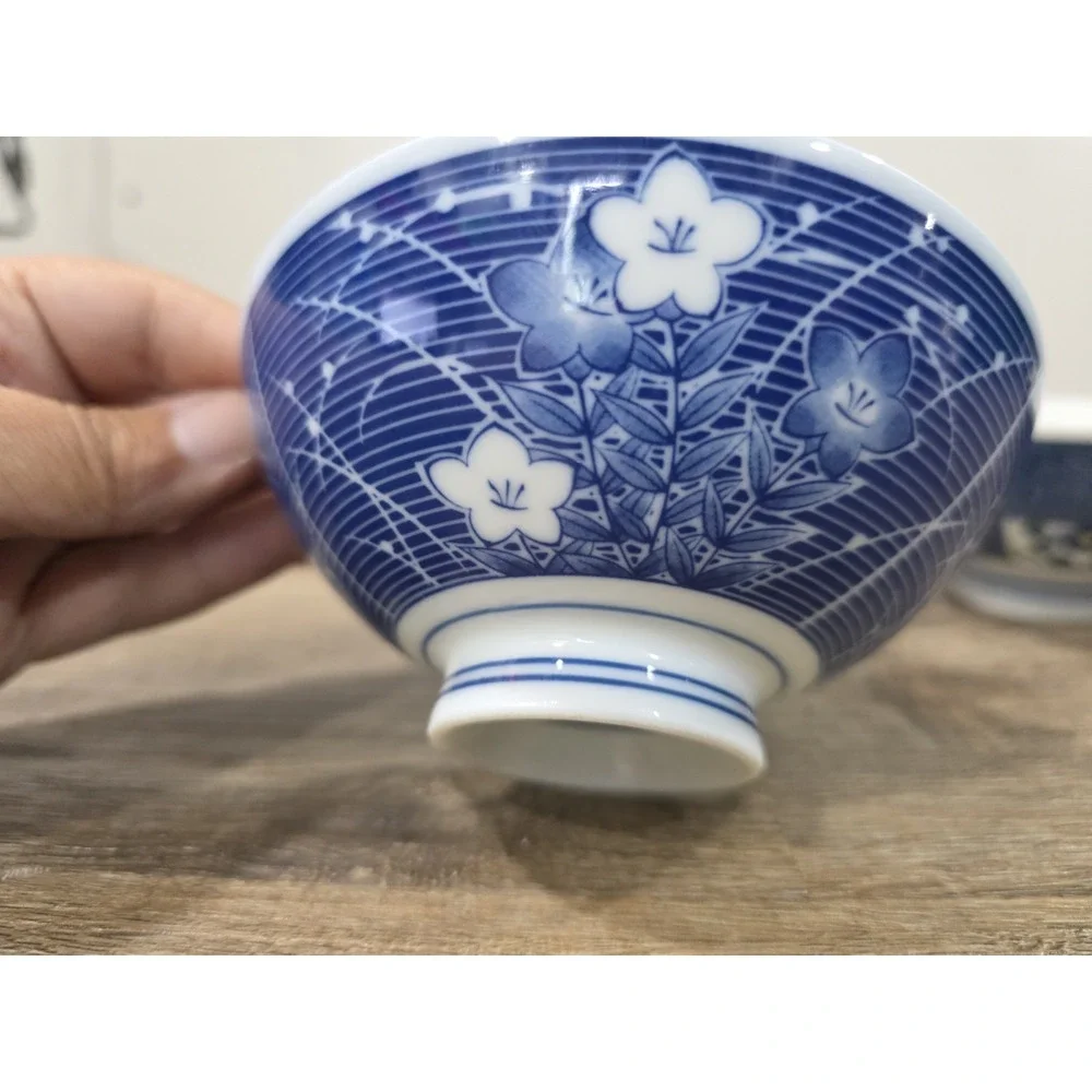 4 Japanese Blue & White Rice Bowls Floral, Mismatched 2